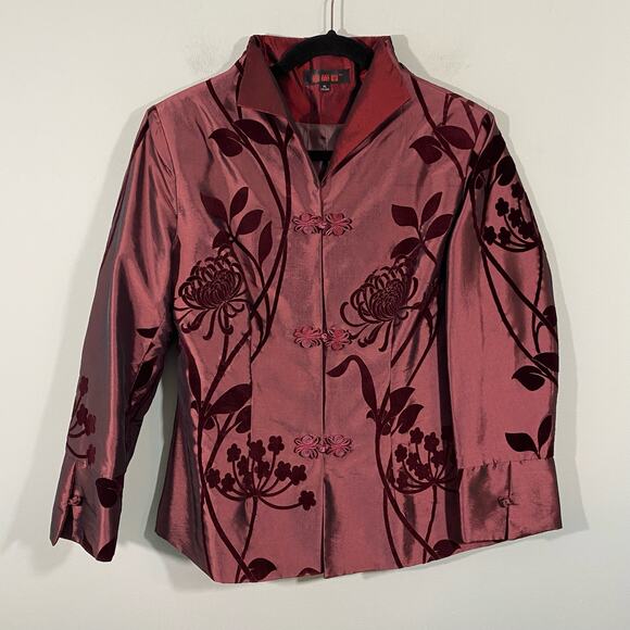 Vintage Dark Red Velvet Floral Mixed Media Button Up Tradition Chinese Jacket - Picture 1 of 8